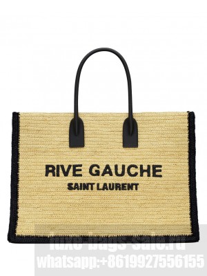 Saint Laurent Rive Gauche Tote Bag In Raffia And Leather Apricot