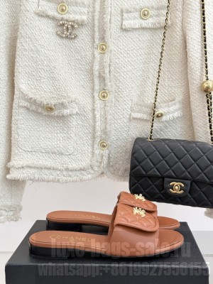 Chanel Quilted Lambskin Heel Slides Sandal 5cm with Foldover Brown 2025 