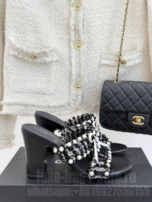 Chanel Tweed & Pearls Heel Slides Sandal 9cm with Bow Black 2025