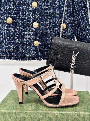 Gucci Slim Horsebit Leather Heel Slide Sandals Light Pink