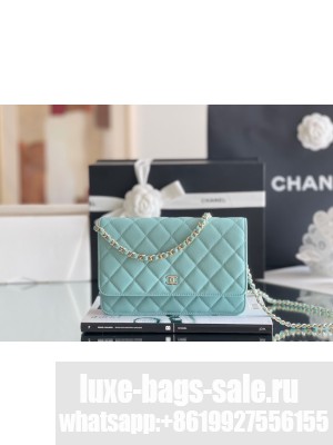 Chanel Grained Calfskin Classic Wallet on Chain WOC Tiffany Blue/Light Gold 2024 Top Quality