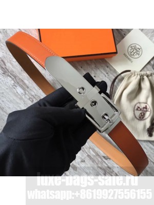 Hermes Square Buckle Leather Belt Orange/Silver