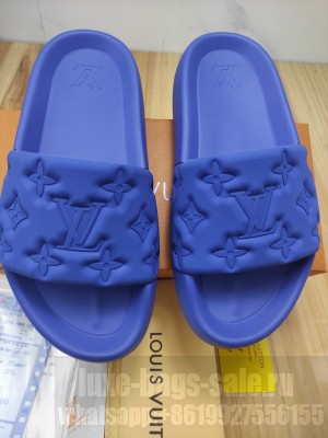 Louis Vuitton Unisex Sunbath Monogram Rubber Flat Slide Sandals Blue 2022 Collection