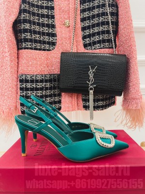 VALENTINO VLOGO SIGNATURE SATIN SLINGBACK PUMPS 80MM GREEN/CRYSTAL