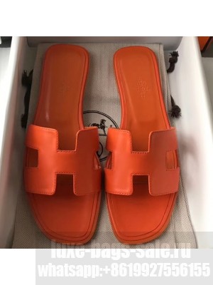 Hermes Oran Flat Slipper Sandals in Swift Box Calfskin Orange 01