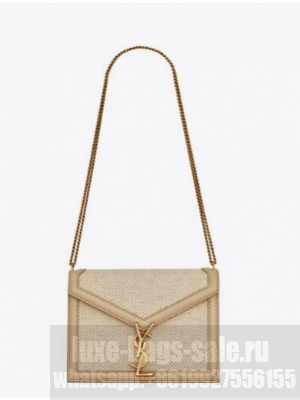 SAINT LAURENT CASSANDRA MEDIUM CHAIN BAG IN CANVAS AND BOX SAINT LAURENT LEATHER 532750 BEIGE ET SEA SALT