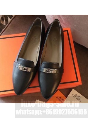 Hermes Kelly Calfskin Flat Loafers Black  Collection