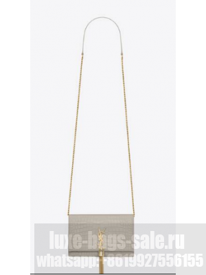 Yves Saint Laurent KATE CHAIN WALLET WITH TASSEL IN CROCODILE-EMBOSSED SHINY LEATHER 452159 WHITE