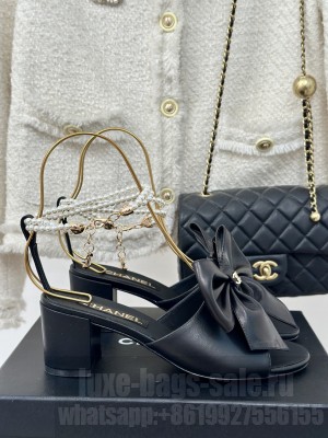Chanel Lambskin Heel Sandals 6cm with Maxi Bow and Pearls Balck 2024 G45813