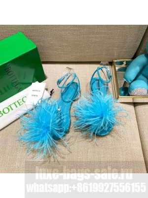 Bottega Veneta FEATHER DOT Leather and ostrich feather flat sandals Turquoise Blue 2021 Collection