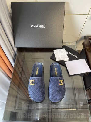 Chanel Women's Slide Suede Sandals Blue
