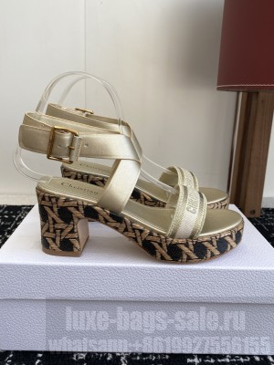 Dior Dway Heeled Sandal Natural Raffia, Gold Embroidered Cotton and Calfskin