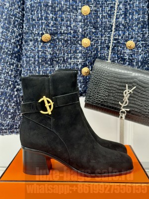 Hermes Jill 60 ankle boot in suede calfskin golden Glenan buckle black