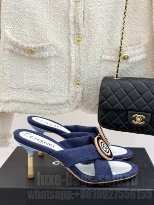 Chanel Navy blue 7.5cm Fabric CC Slide Sandals