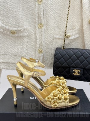 Chanel Lambskin Heel slingbacks Sandal 8cm with Camellia Bloom gold 2025