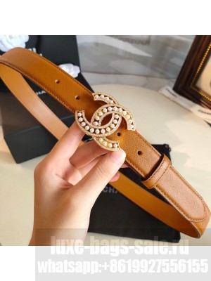 Chanel Grianed Calfskin Belt 30mm with Pearl CC Buckle Brown 2019 Collection