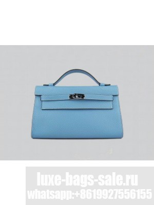 HERMES KELLY 22 CALFSKIN LEATHER CLUTCH BAG IN LIGHT BLUE 