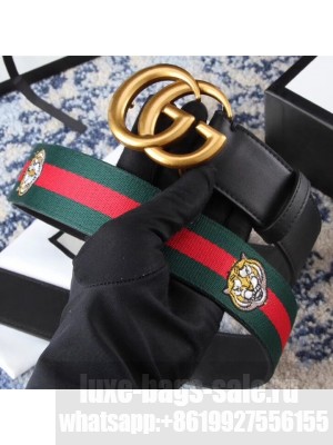 Gucci GG Buckle Calfskin Web Belt 38mm Width Green/Dark Blue