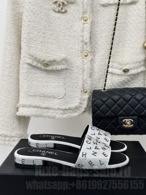 Chanel Crystals Flat Slide Sandals with Letterings Black