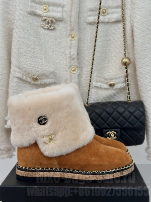 Chanel Suede & Wool Fur Wood Ankle Boots Brown 2024
