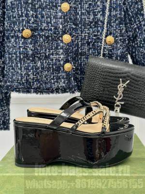 Gucci Signoria 7.5cm Platform Black Patent Leather Sandals 