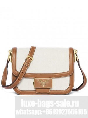 Prada Embleme Bag In Linen Blend And Leather 1BD257S Coffee