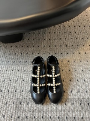 Chanel Pearl T-strap Lambskin Flat Ballet Black