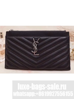 Saint Laurent Monogram Bill Pouch Bag in Grained Embossed Leather 504922 Black/Silver