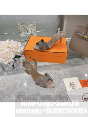 Hermes Hermes Suede Crystal Heeled Sandals 7cm Grey 2021 Collection 