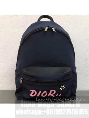 Dior Nylon Bee DIOR X KAWS Rider Backpack Bag Blue with Pink Logo 2019