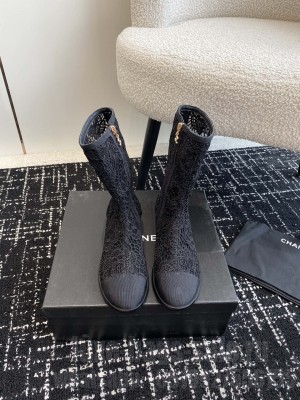 Chanel Lace Mesh Camellia Boots Black