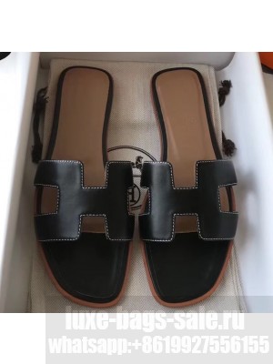 Hermes Oran Flat Slipper Sandals in Swift Box Calfskin Black 01