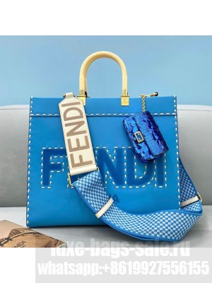 Fendi Sunshine Stitching Leather Medium Shopper Tote Bag Blue  2021 Collection