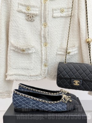 Chanel Quilted Denim Ballet Flats with Chain Bow Navy 2025