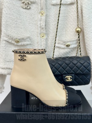 Chanel Women's Calfskin & Grosgrain With Chain Boots Beige