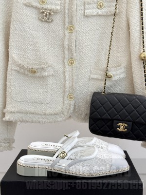 Chanel Lace Camellia Flat Mules with chain white 2025