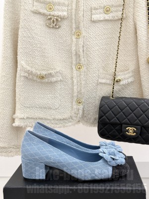 Chanel Quilted Denim Pumps with Camellia Bloom Charm Light Blue 2025