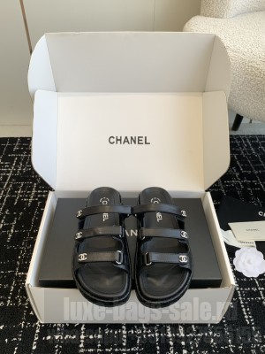 Chanel Calfskin Strap Beach Slide Sandals Black 2025