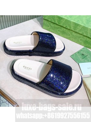 Gucci Sequins Platform Slide Sandal 573018 Navy Blue 2021 Collection