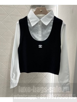Chanel Women's Shirt Knit Two-piece Top Black