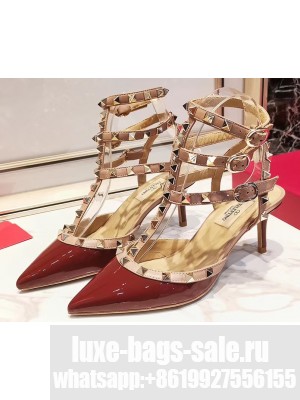 Valentino Heel 9.5cm Rockstud Caged Ankle Strap Pumps in Patent Leather Burgundy