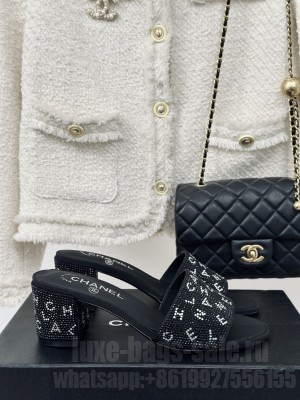 Chanel Crystals Mule Slide Sandals 6cm with Letterings Black 2024