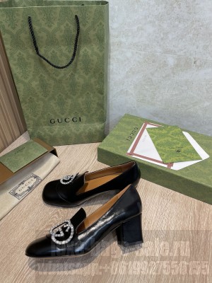 Gucci Leather Loafer Pumps 5cm with Crystal Double G Black 2022 Collection
