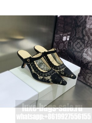 Dior Capture Heeled Mules 6.5cm in Transparent Mesh Embroidered with Black Lace Saint-Gall Motif 2023