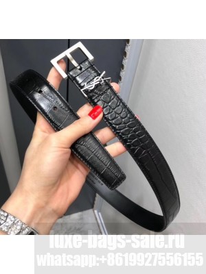 Saint Laurent Width 3cm Monogramme Belt With Square Buckle In Crocodile Embossed Leather Black/Silver