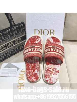 Dior Dway Slide Sandals in Red Toile de Jouy Reverse Embroidered Cotton 2021 Collection 