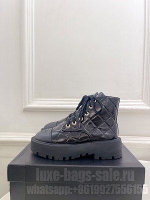 Chanel Quilting Calfskin 5cm Lace-up Biker Boots 2023 Black