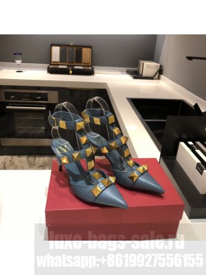 Valentino Garavani Roman Stud 80mm pump with straps embellished with maxi studs Blue 2021 Collection