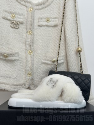 Chanel Wool Flat Slide Sandals with Cross Strap White 2023 