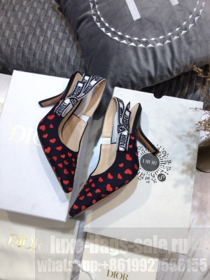 Dior J'Adior Slingback Pumps 9.5cm in Navy Blue and Red Hearts I Love Paris Embroidered Cotton 2021 2021 Collection 